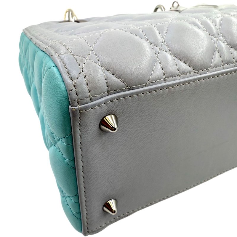 【1930】迪奧 Dior lady 藍灰色 手提包 中號 小羊皮 銀扣-8