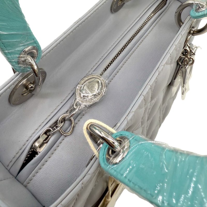 【1930】迪奧 Dior lady 藍灰色 手提包 中號 小羊皮 銀扣-10