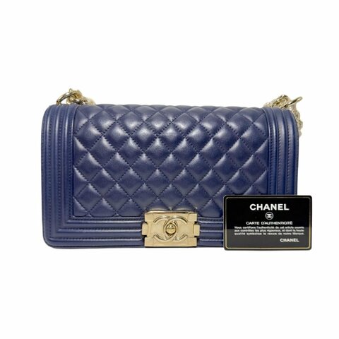 ［2355］香奈兒 Chanel LEBOY 深藍色 斜挎包 羊皮 中號 金扣