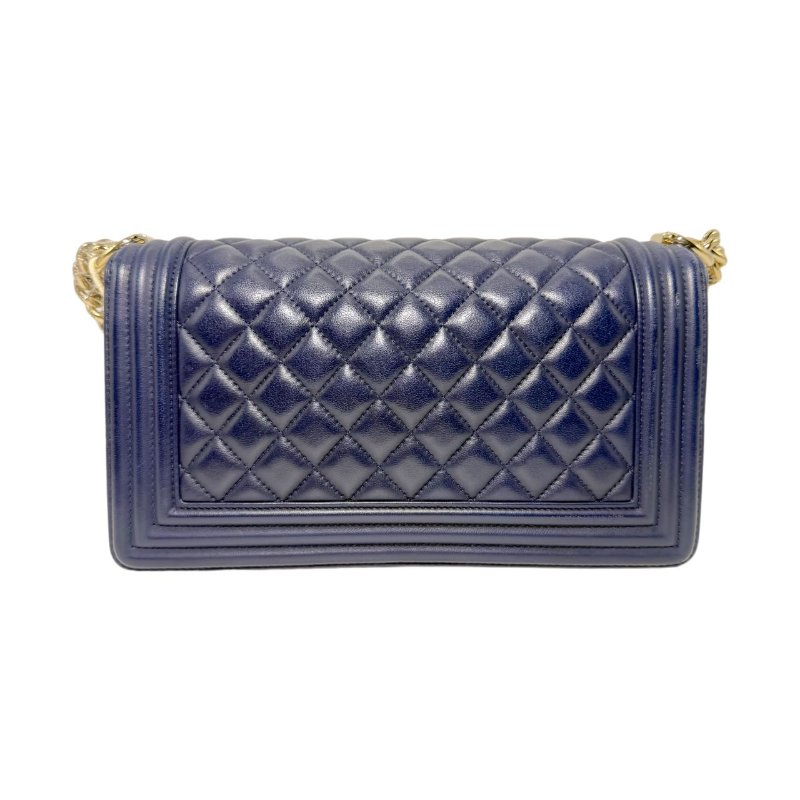 ［2355］香奈兒 Chanel LEBOY 深藍色 斜挎包 羊皮 中號 金扣-1