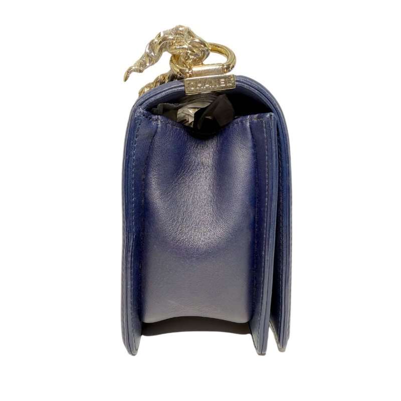 ［2355］香奈兒 Chanel LEBOY 深藍色 斜挎包 羊皮 中號 金扣-2