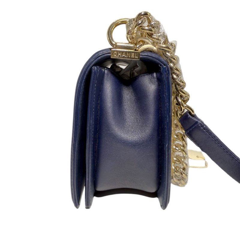 ［2355］香奈兒 Chanel LEBOY 深藍色 斜挎包 羊皮 中號 金扣-3