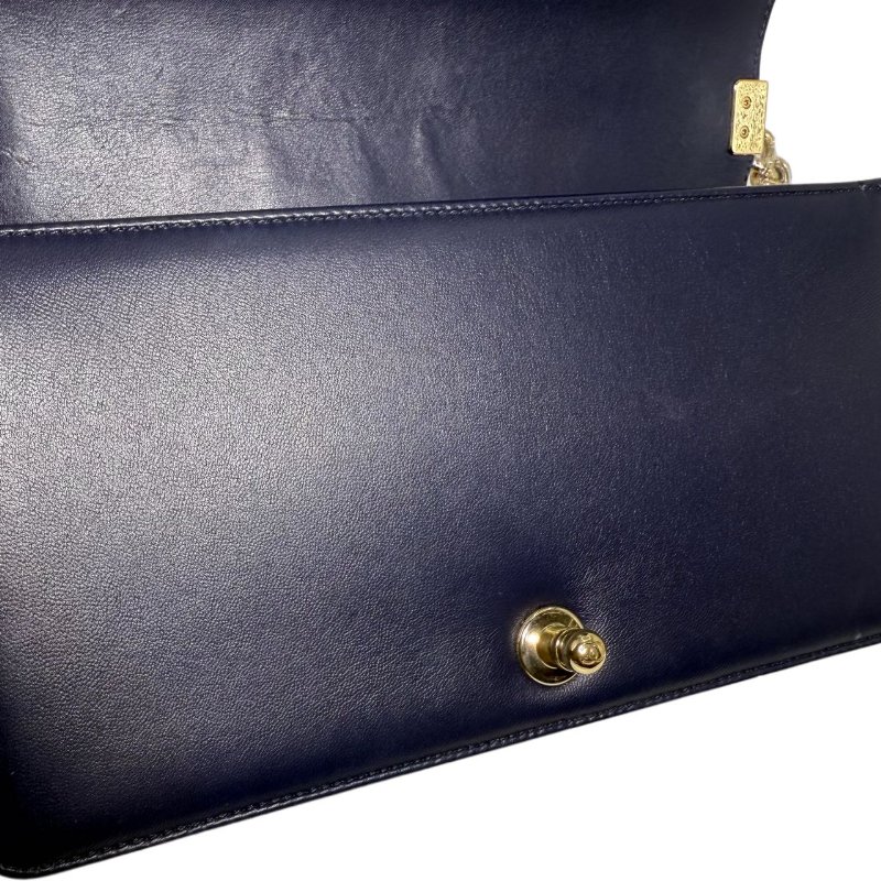 ［2355］香奈兒 Chanel LEBOY 深藍色 斜挎包 羊皮 中號 金扣-5