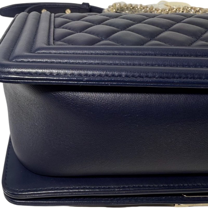 ［2355］香奈兒 Chanel LEBOY 深藍色 斜挎包 羊皮 中號 金扣-9