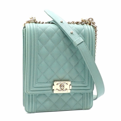香奈兒Boy女士鏈條單肩包，薄荷綠魚子醬皮革，AS0130，Coco標誌，A4044935