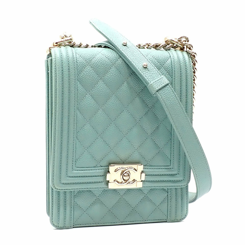香奈兒Boy女士鏈條單肩包，薄荷綠魚子醬皮革，AS0130，Coco標誌，A4044935-0