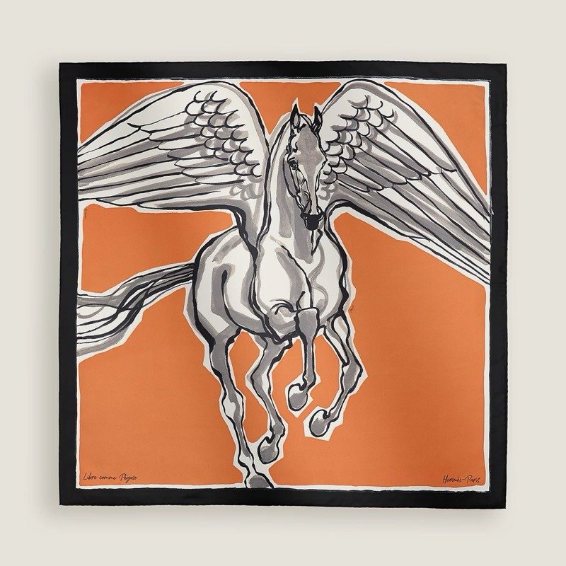 💕Hermes 愛馬仕 Libre Comme Pegase 新款飛馬絲巾/橘色款/全新美品-3