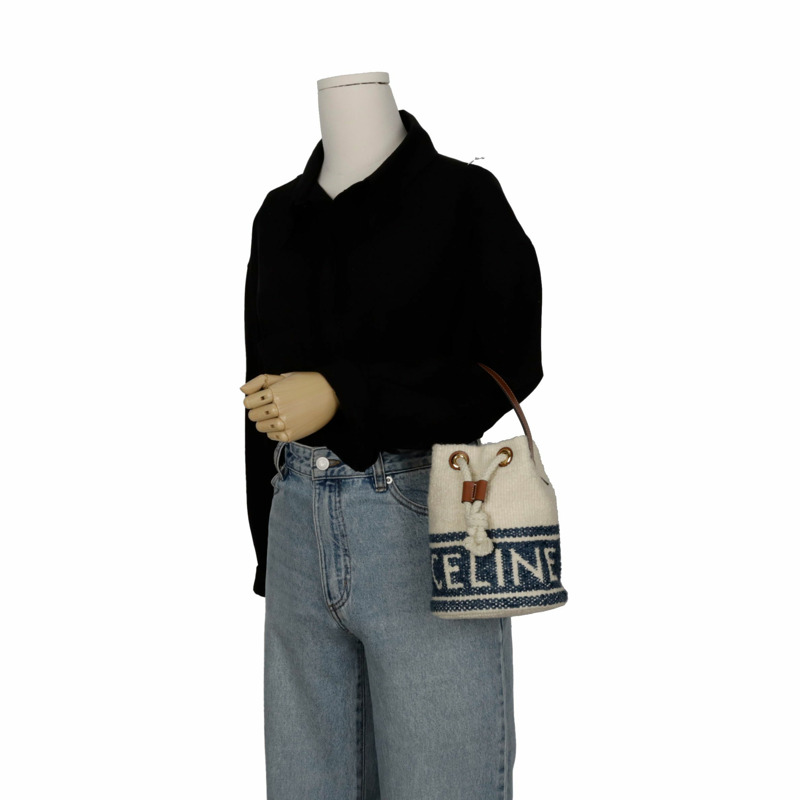 CELINE 196532DBS 錫製抽繩桶形手提袋-9