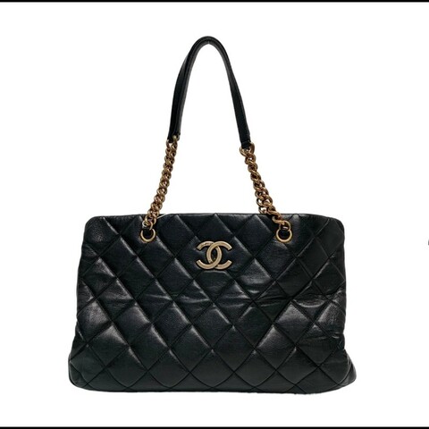 CHANEL 托特包 黑色牛皮菱格紋單肩包手提包 金色五金