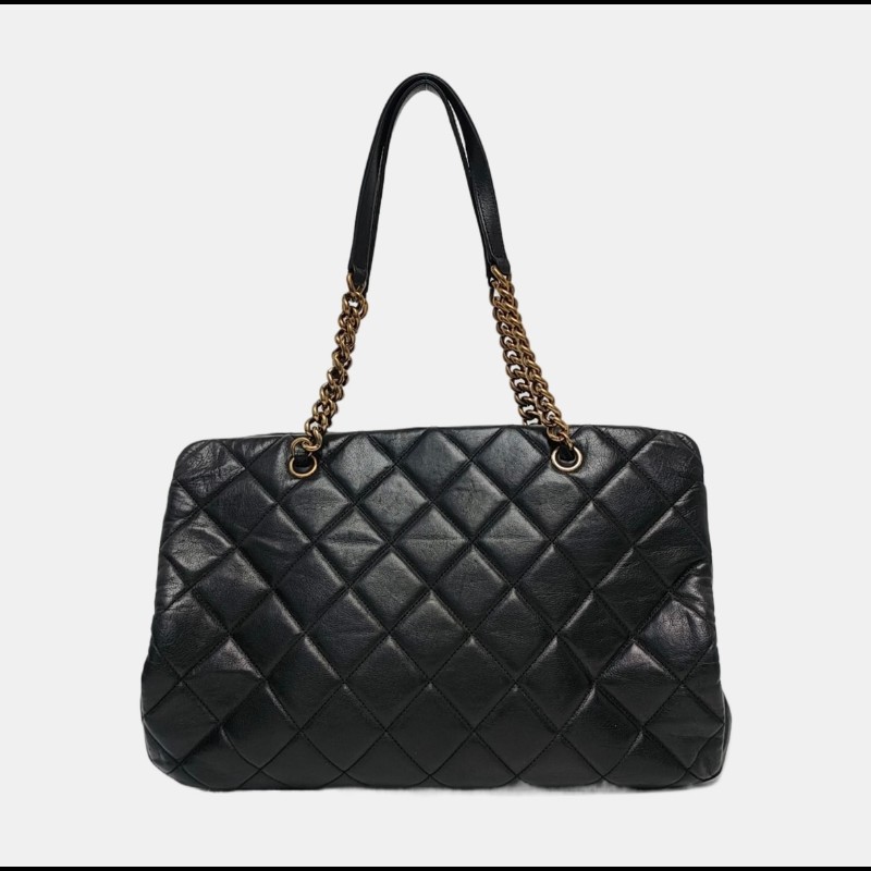 CHANEL 托特包 黑色牛皮菱格紋單肩包手提包 金色五金-4