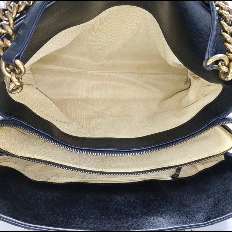 CHANEL 托特包 黑色牛皮菱格紋單肩包手提包 金色五金-6