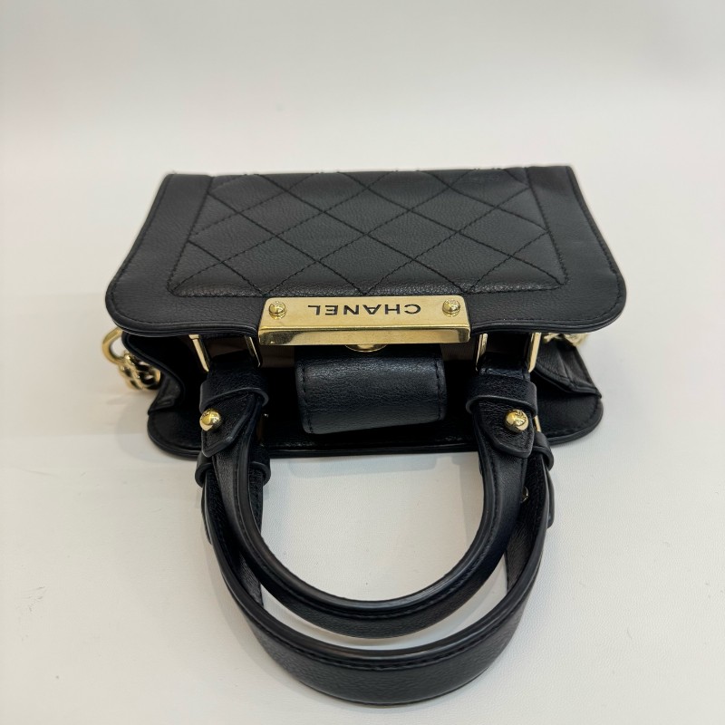 Chanel 黑金荔枝牛皮菱格紋手提包肩背包-5