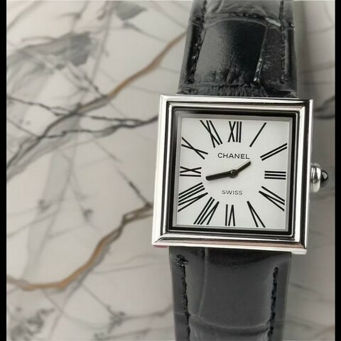 【LA LUNE】稀有中古Chanel Mademoiselle黑色石英古董錶 皮革帶 二手錶 女裝