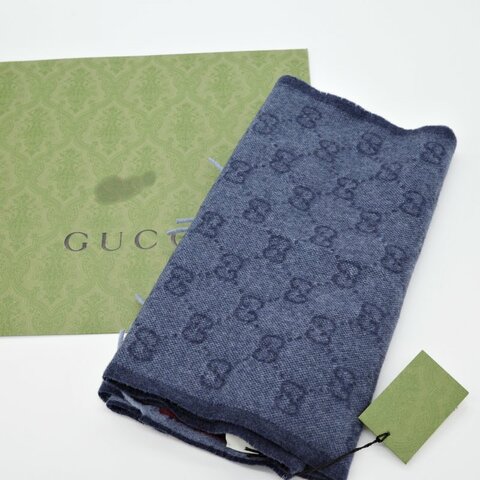 Gucci 古馳 New Nikky Logo 藍色 羊毛 寬版斜紋 織帶圍巾
