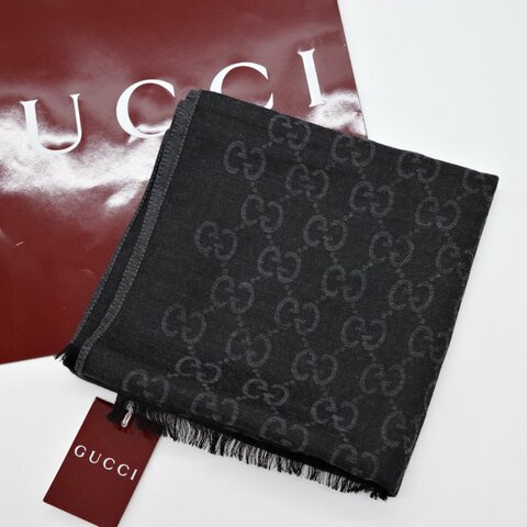 Gucci 古馳 雙G緹花 黑灰 羊毛絲綢 披肩圍巾 大絲巾
