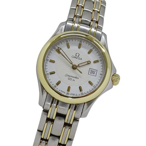 歐米茄海馬系列 2371.21 女士腕錶，120公尺防水，日期顯示，石英機芯，QZ系列，不鏽鋼錶殼，黃金錶殼，拋光黃色錶盤