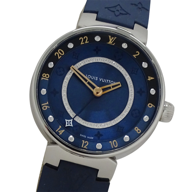 路易威登 Tambour Moon 雙時區男士腕錶，MM，鑽石石英機芯，不鏽鋼錶殼，橡膠錶帶，銀色錶盤，海軍藍錶帶，拋光處理，QA142-0
