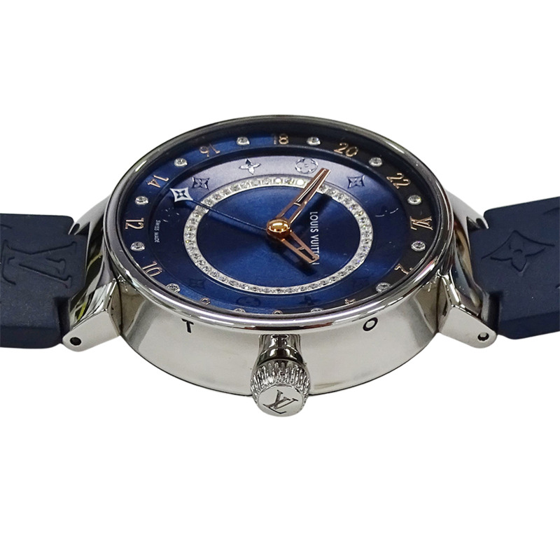路易威登 Tambour Moon 雙時區男士腕錶，MM，鑽石石英機芯，不鏽鋼錶殼，橡膠錶帶，銀色錶盤，海軍藍錶帶，拋光處理，QA142-2