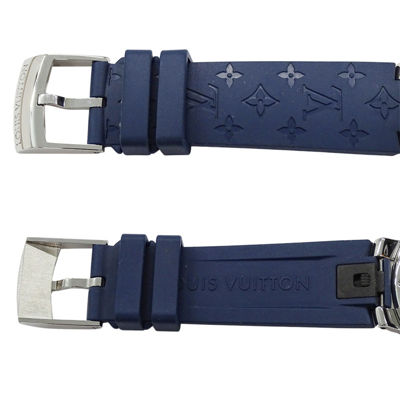 路易威登 Tambour Moon 雙時區男士腕錶，MM，鑽石石英機芯，不鏽鋼錶殼，橡膠錶帶，銀色錶盤，海軍藍錶帶，拋光處理，QA142-3