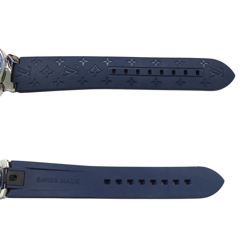 路易威登 Tambour Moon 雙時區男士腕錶，MM，鑽石石英機芯，不鏽鋼錶殼，橡膠錶帶，銀色錶盤，海軍藍錶帶，拋光處理，QA142-4