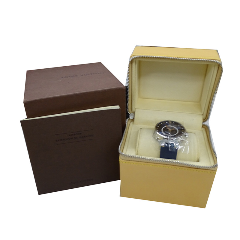 路易威登 Tambour Moon 雙時區男士腕錶，MM，鑽石石英機芯，不鏽鋼錶殼，橡膠錶帶，銀色錶盤，海軍藍錶帶，拋光處理，QA142-8