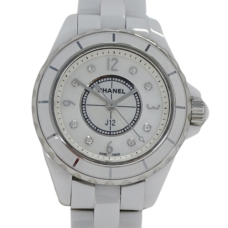 香奈兒女士 J12 8P 鑽石貝殼石英腕錶，不鏽鋼錶殼搭配白色陶瓷機芯 (H2570)，拋光款-1