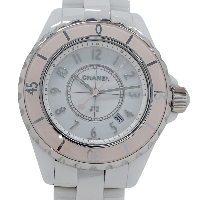 香奈兒女士腕錶，J12 日期顯示，限量發行 1200 枚，石英機芯，白色陶瓷錶殼，不銹鋼錶殼，型號 H4467，粉紅色錶盤，拋光處理-1