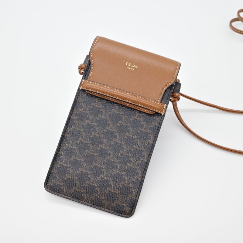 Celine 思琳 Triomphe 經典凱旋門印花 咖啡色  帆布 拼接小羊皮 斜背翻蓋 斜掛包 肩背包 小包手機包-0