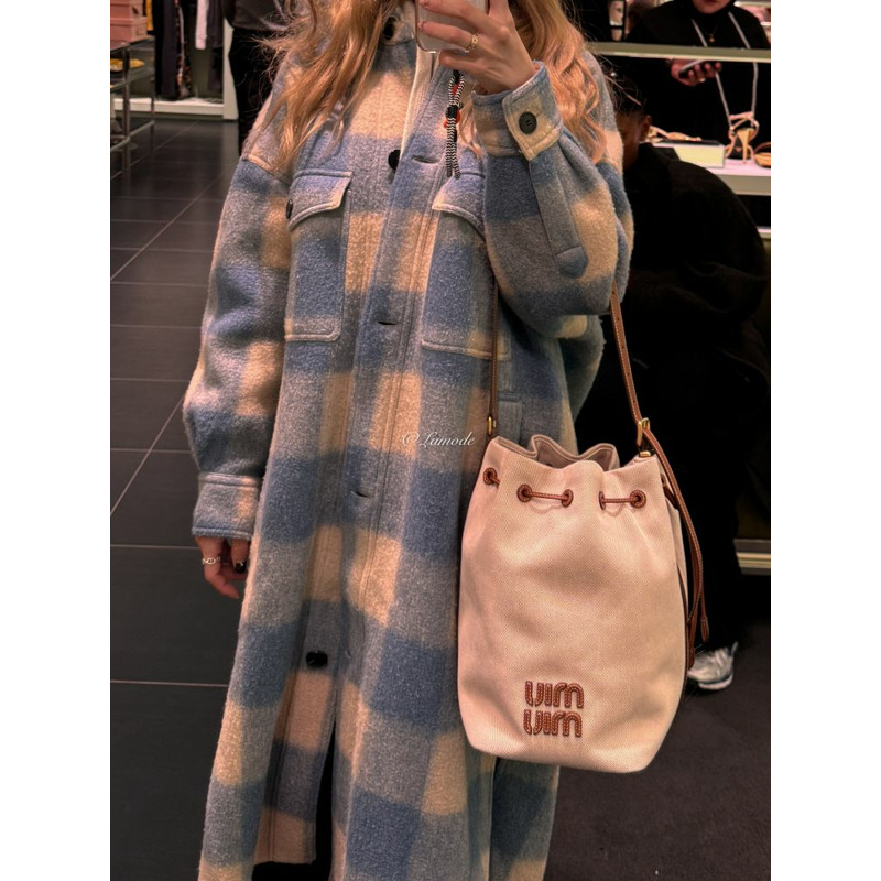 MIU MIU 帆布皮革水桶包 米色白蘭地 5BE089 2CRN F062F-1