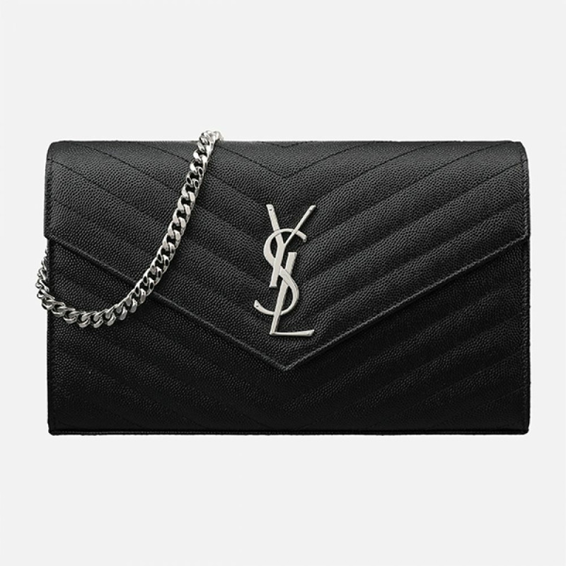SAINT LAURENT 5S Monogram 鏈條單肩包 銀黑色 377828 BOW02-0