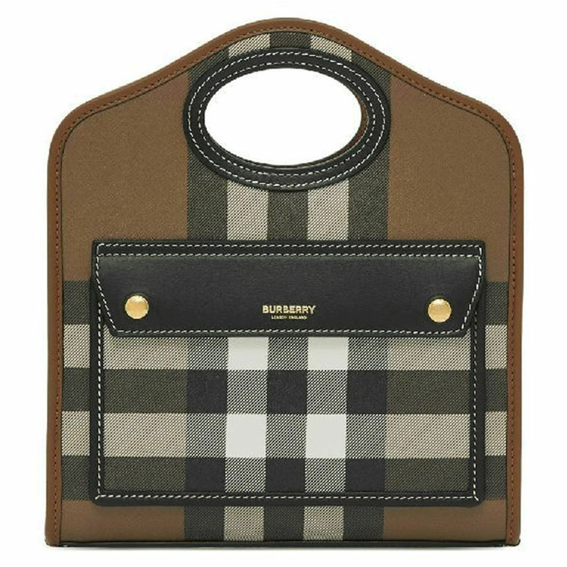 BURBERRY 巨型格紋口袋手提斜背包 深樺木棕色-0