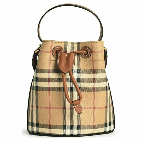 BURBERRY 復古格紋抽繩迷你水桶包 布里爾棕色 25SS