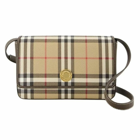 BURBERRY 復古格紋麻布襯衫斜背包 檔案米色
