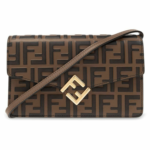 FENDI 25SS FF 鑽石鏈條單肩斜背包 棕色 8M0488 AQ1Q