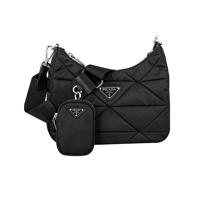 PRADA 三角形標誌尼龍襯墊單肩包 黑色 (1BC151 RDJN F0002)-12