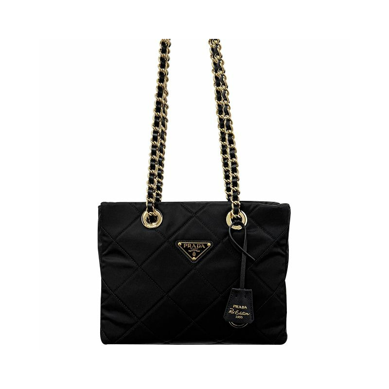 PRADA 1995 年復刻版三角形標誌鏈條尼龍手提包 黑色 (1BG468 2AOS F0002)-0