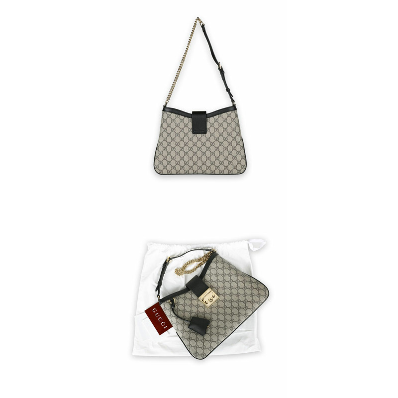 GUCCI 女士 GG Supreme 鎖扣中型單肩包（米色/黑色）795113 KHNKG-5