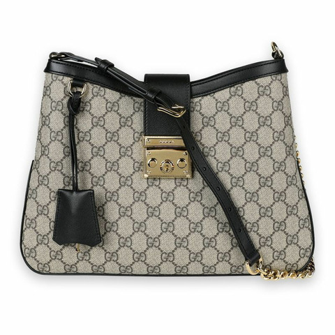 GUCCI 女士 GG Supreme 鎖扣中型單肩包（米色/黑色）795113 KHNKG