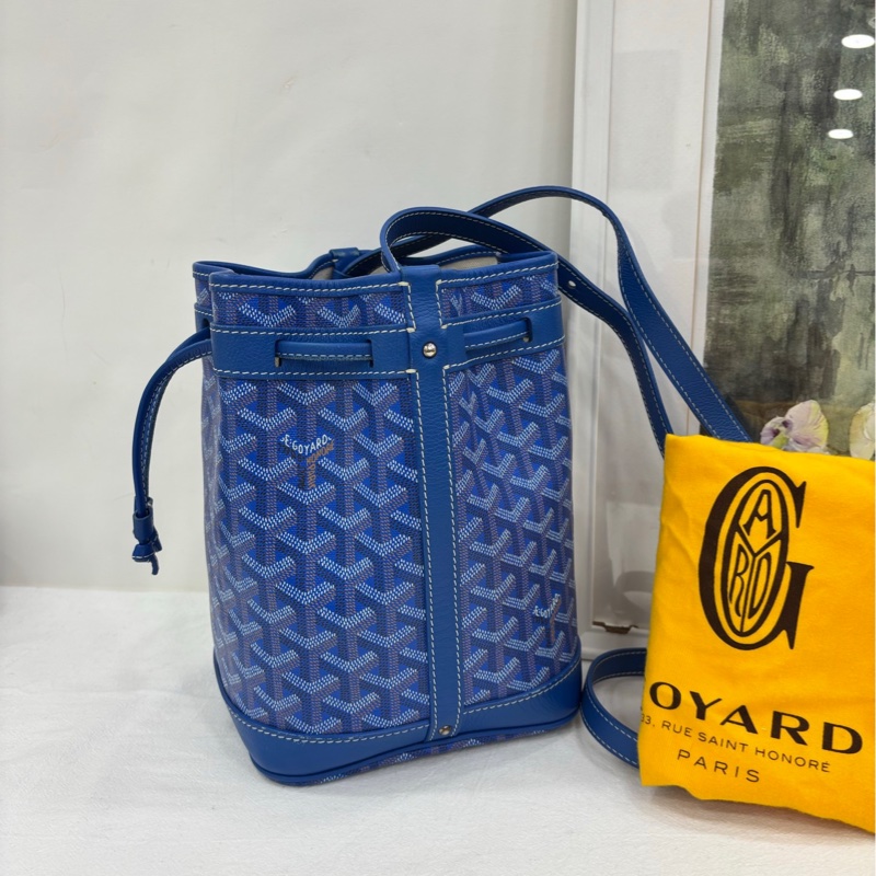 GoyardGant Petit Flot水桶包 寶藍色老花滿印 白色車線-1