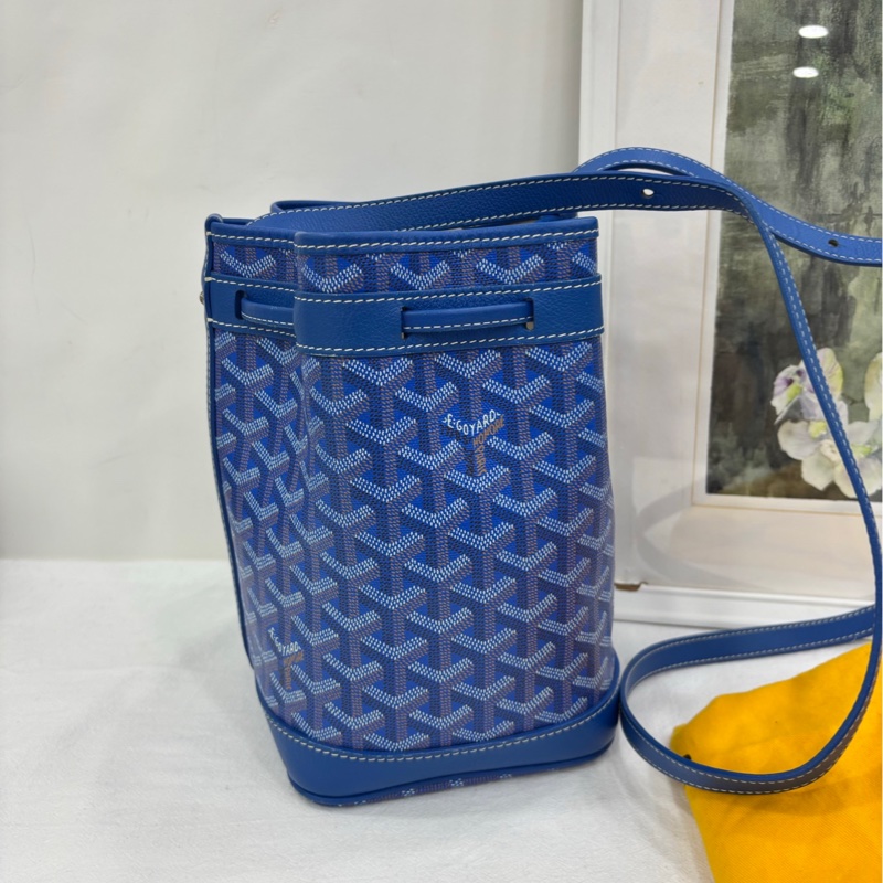 GoyardGant Petit Flot水桶包 寶藍色老花滿印 白色車線-2