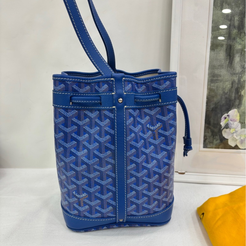 GoyardGant Petit Flot水桶包 寶藍色老花滿印 白色車線-3