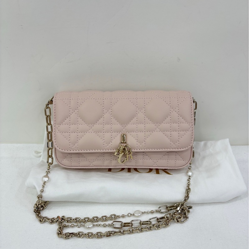 Dior 迪奧lady Dior淡粉色珍珠鏈條斜挎包 24年 閒置-0