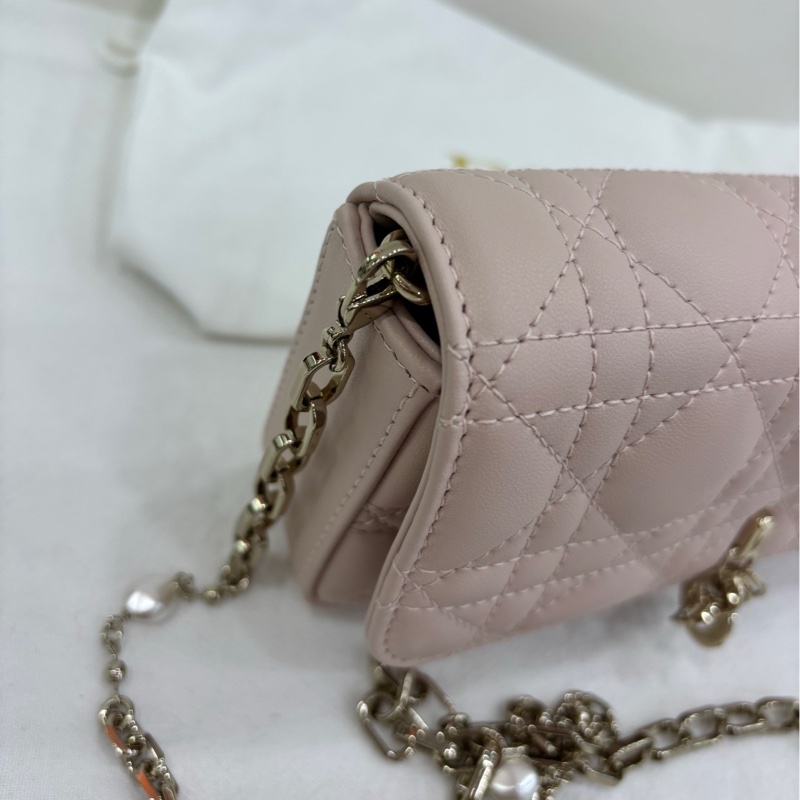 Dior 迪奧lady Dior淡粉色珍珠鏈條斜挎包 24年 閒置-8