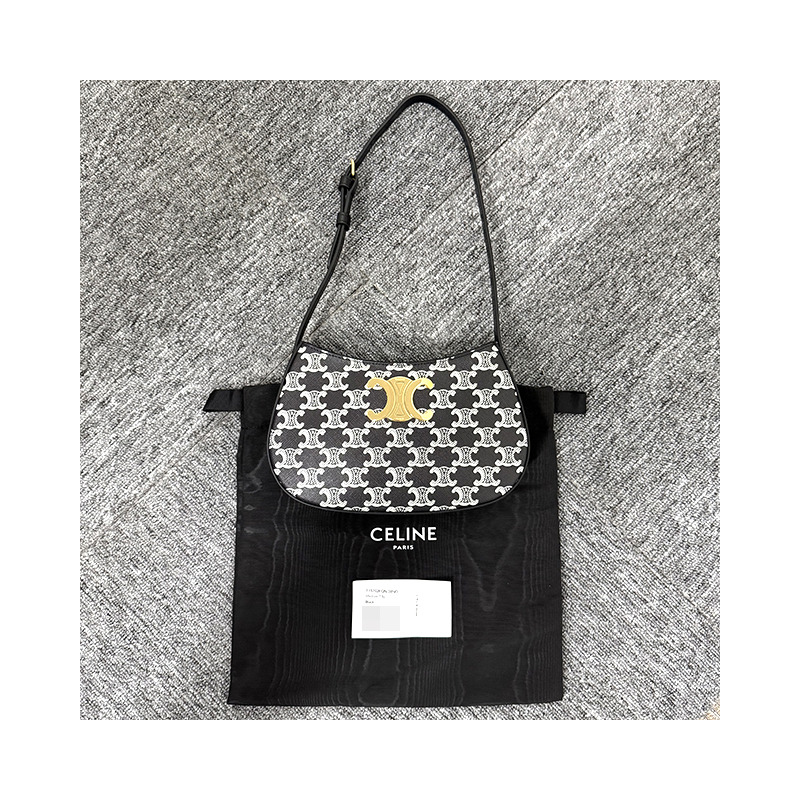 CELINE 雙色 Triomphe 帆布 Tilly 包,中號,黑色-13