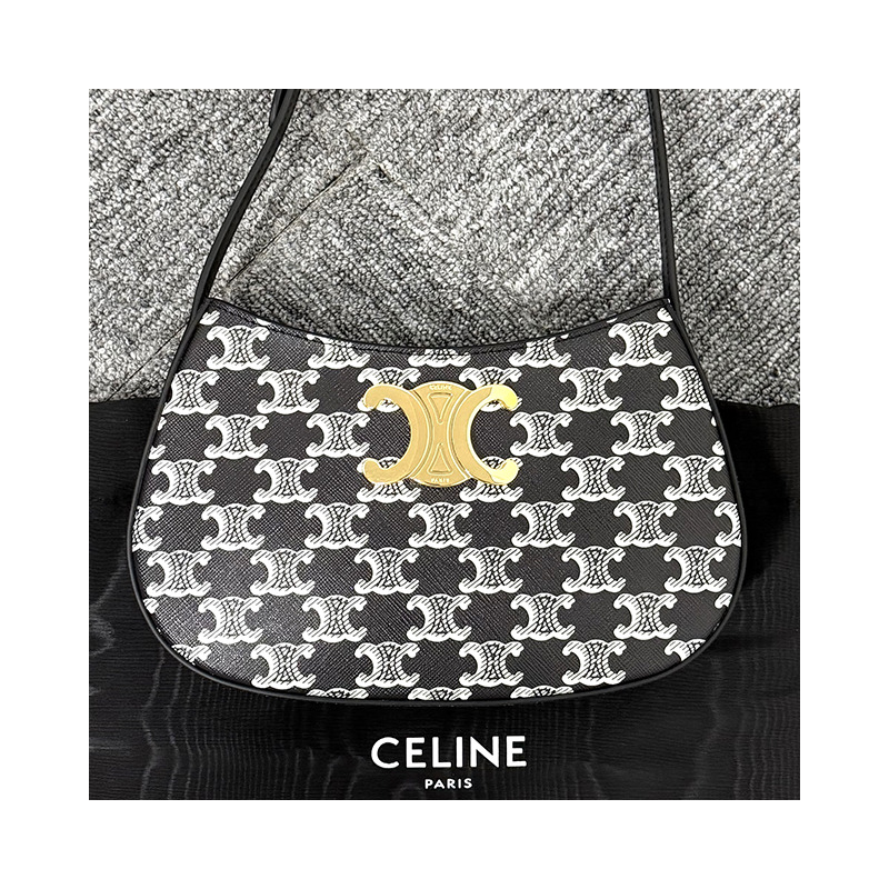 CELINE 雙色 Triomphe 帆布 Tilly 包,中號,黑色-15