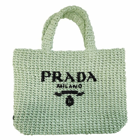 PRADA 25SS Logo 小號鉤針編織手提袋 水藍印章：1BG422 F0934