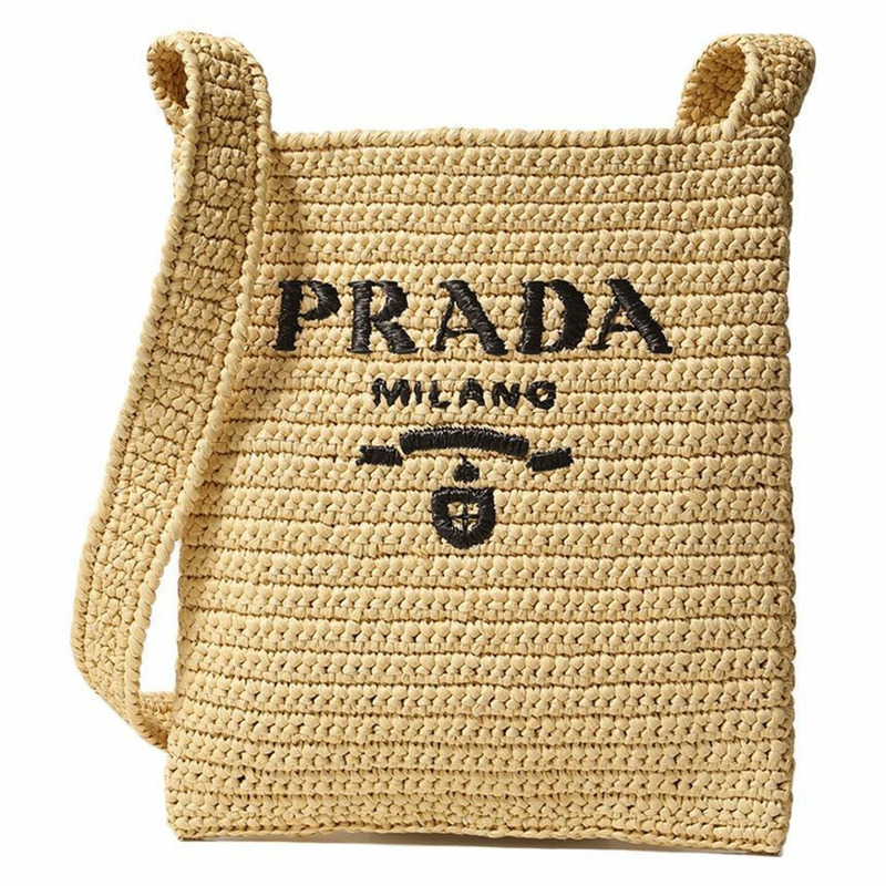 PRADA 25SS Logo 刺繡鉤編單肩包 自然色 1BC184 2A2T-0