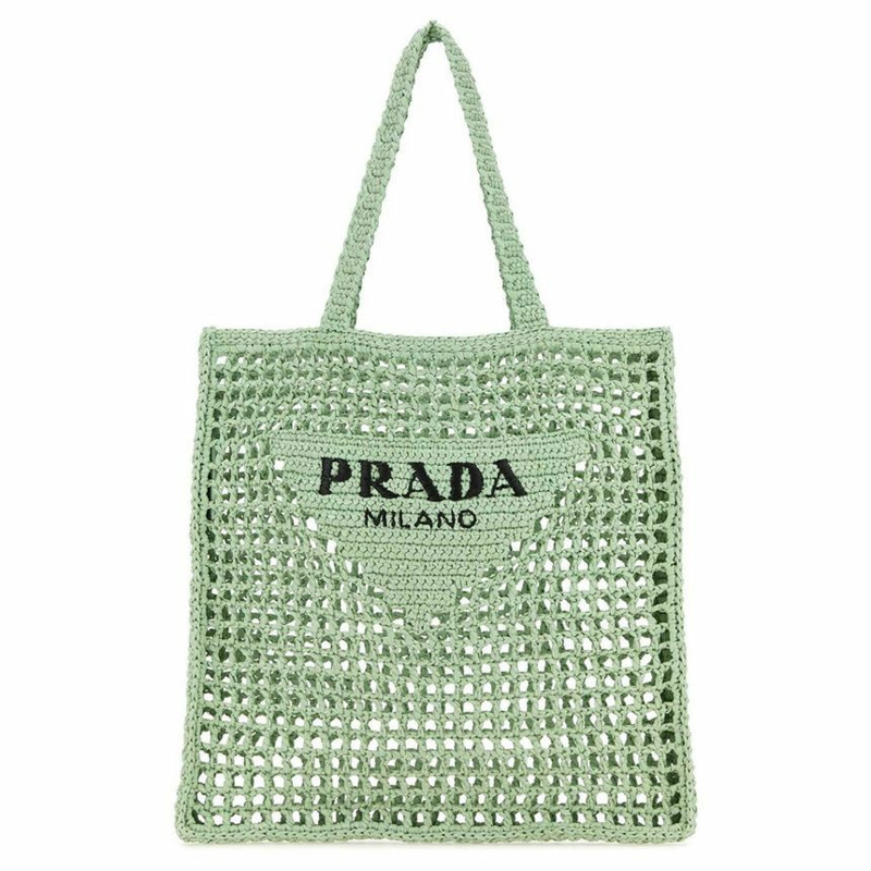 PRADA 25SS Logo 刺繡鉤編手提包 水藍色 1BG393 2A2T-0