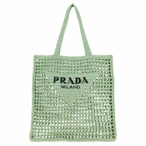 PRADA 25SS Logo 刺繡鉤編手提包 水藍色 1BG393 2A2T