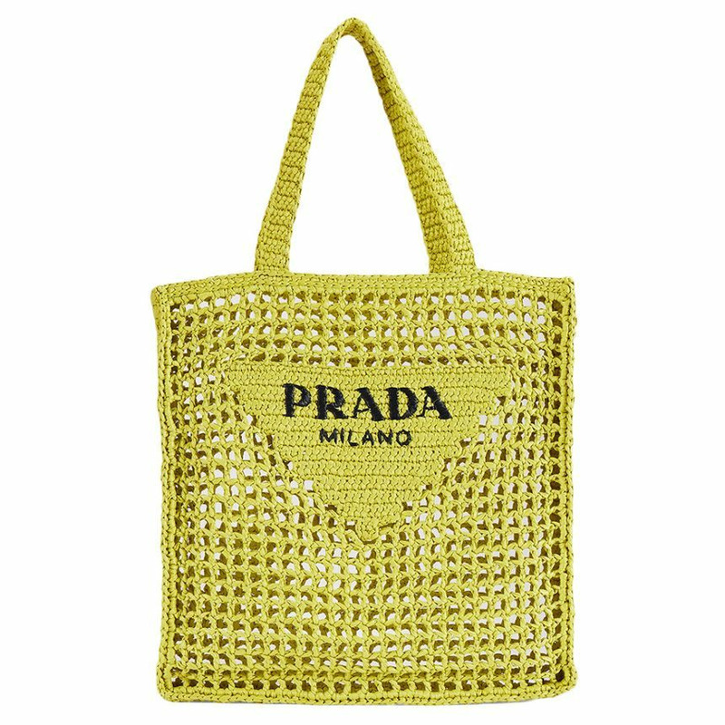 PRADA 25SS 標誌刺繡鉤編手提袋 黃色 1BG393 2A2T-0